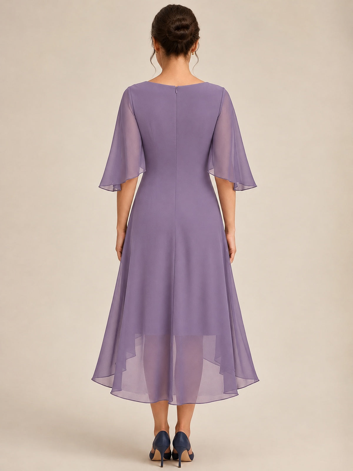 Cowl Neck Ruched Chiffon Mother of the Bride Dresses with Flutter Sleeves