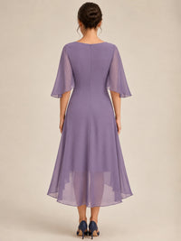 Cowl Neck Ruched Chiffon Mother of the Bride Dresses with Flutter Sleeves