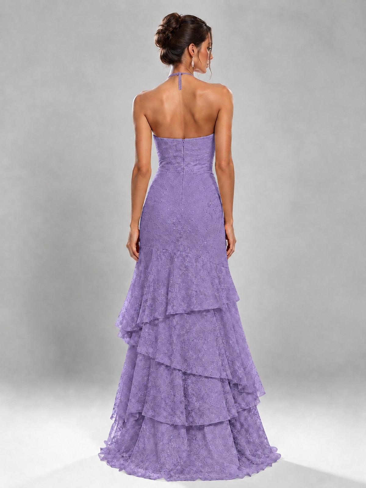 Halter Tiered Mermaid Prom Dress with Sparkly Lace