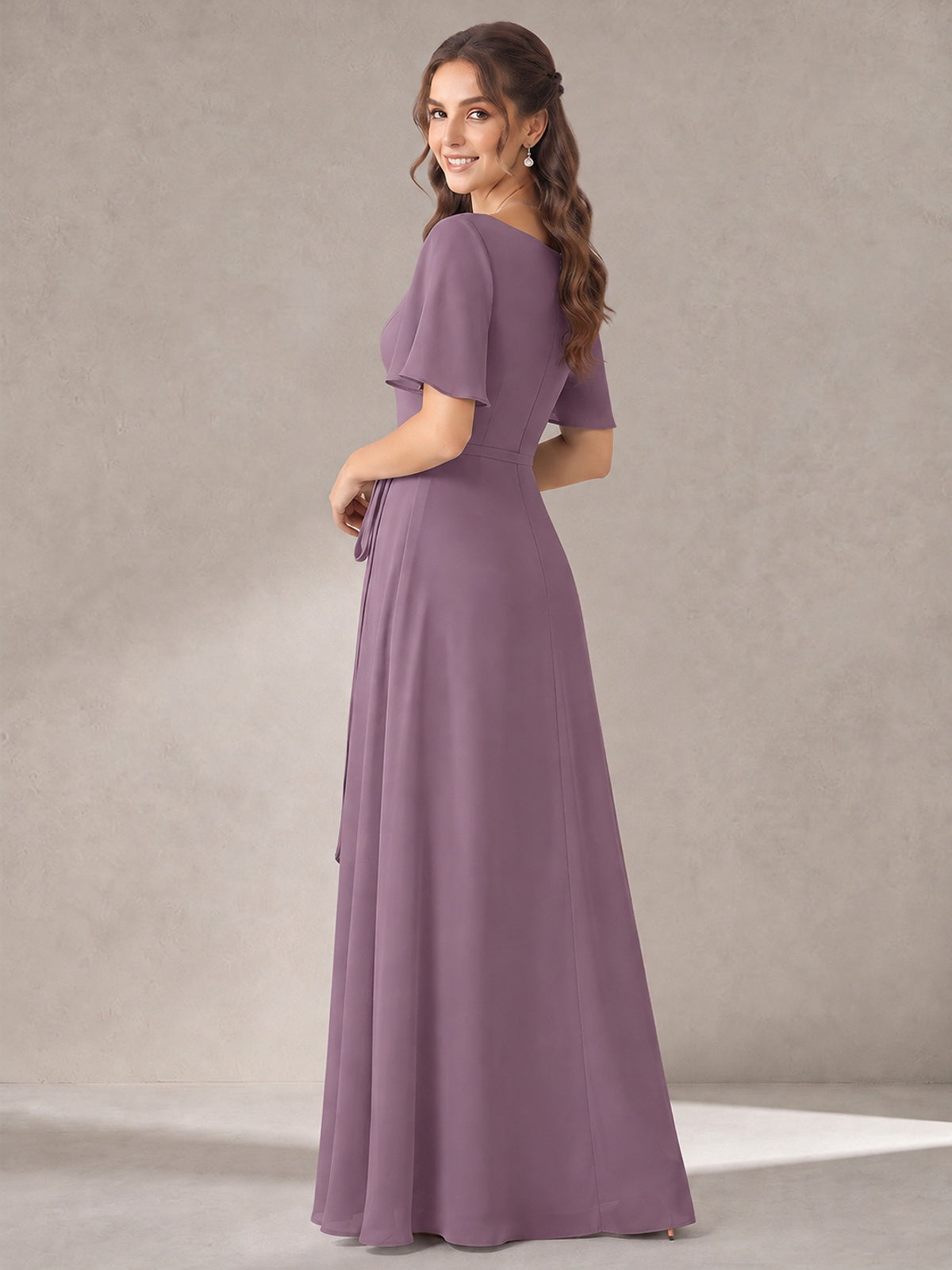Scoop Neck A-line Chiffon Bridesmaid Dress with Flutter Sleeve & Belt