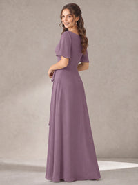 Scoop Neck A-line Chiffon Bridesmaid Dress with Flutter Sleeve & Belt