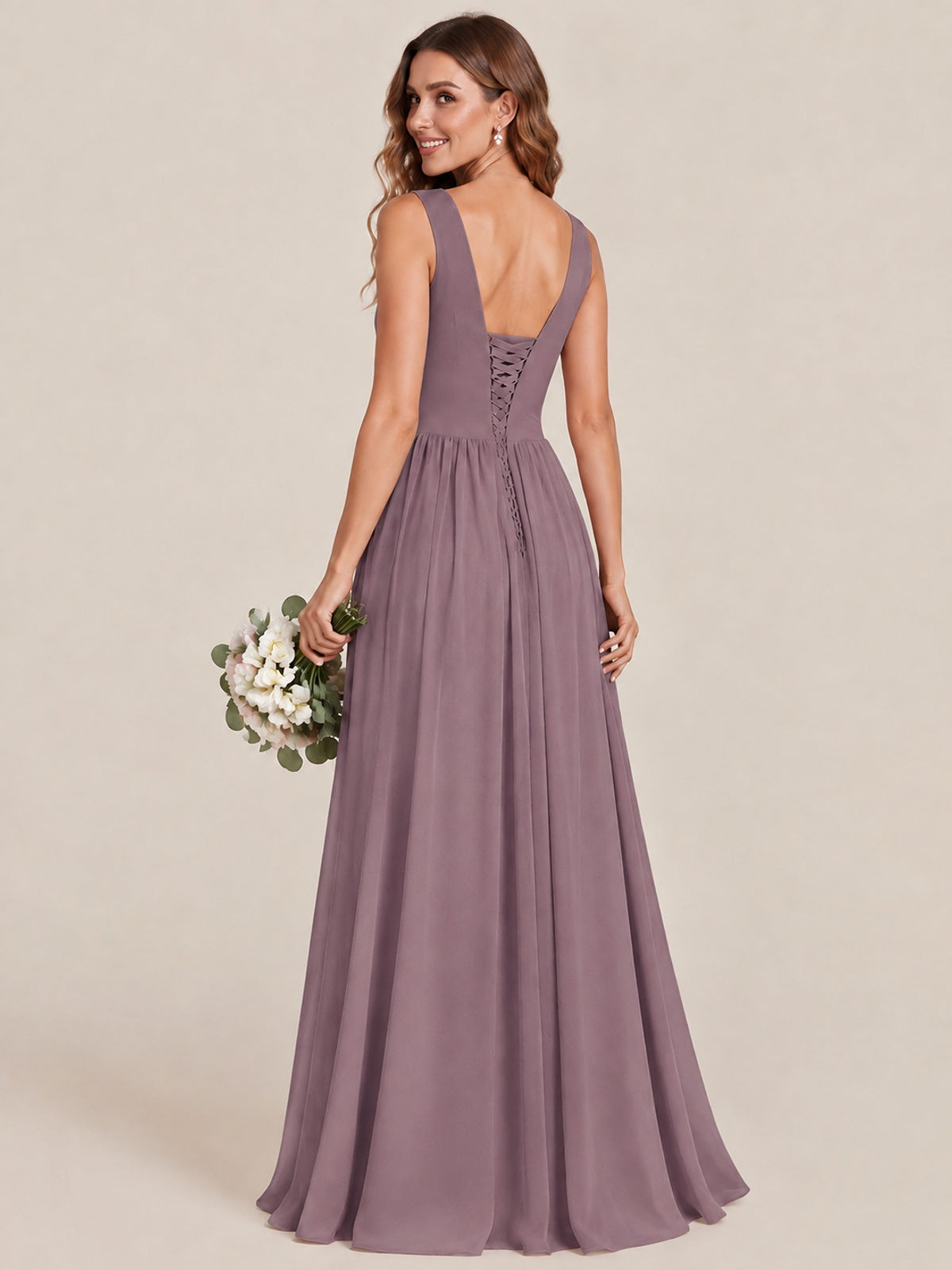 A-line Sleeveless Rucehd Chiffon Bridesmaid Dress with High Slit