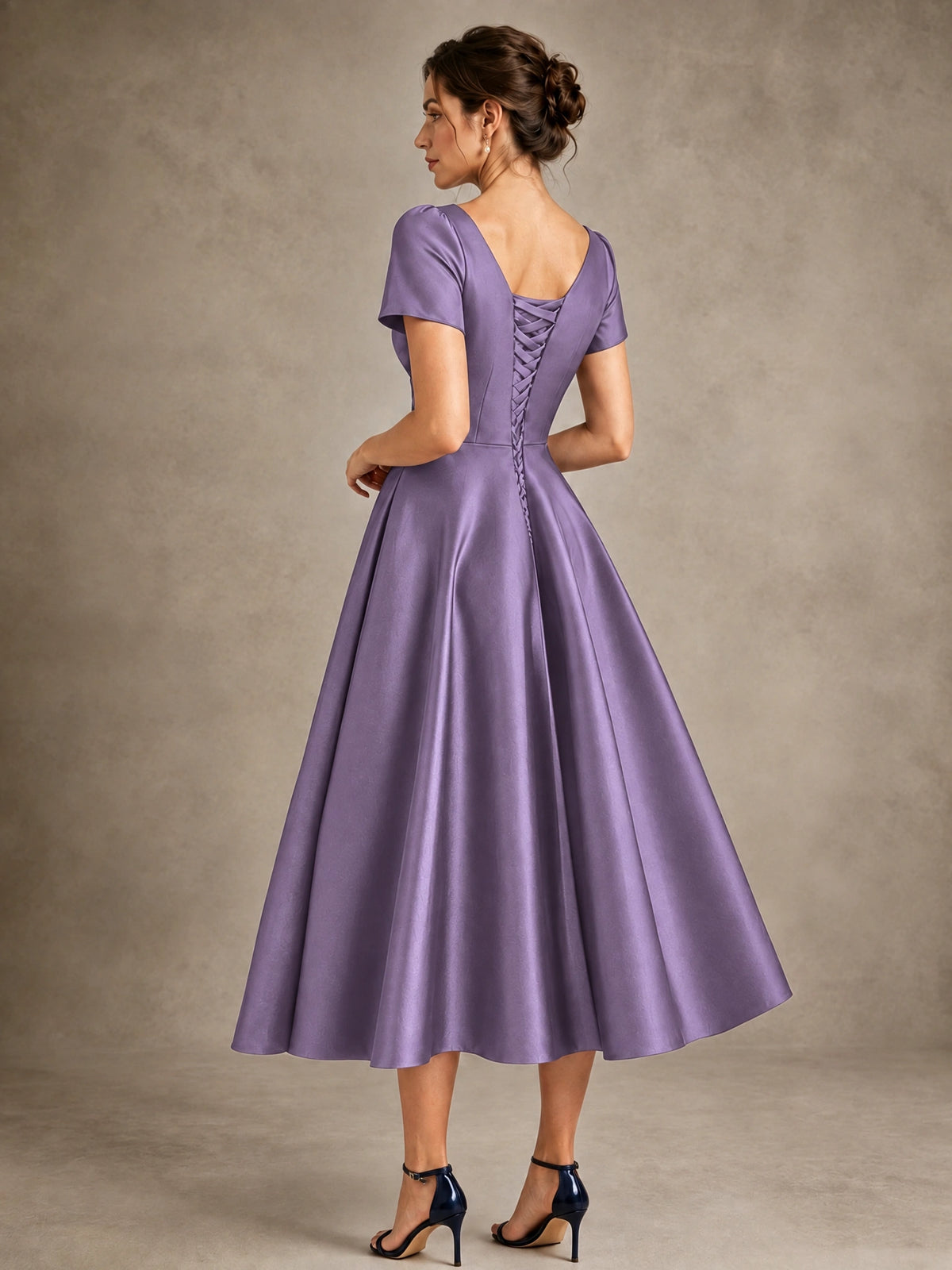 V-Neck Tea-Length Satin Mother of the Bride Dress with Bow