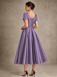 V-Neck Tea-Length Satin Mother of the Bride Dress with Bow
