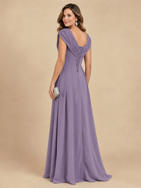 V Neck Pleated Mother of The Bride Dresses with Beading Cap Sleeves