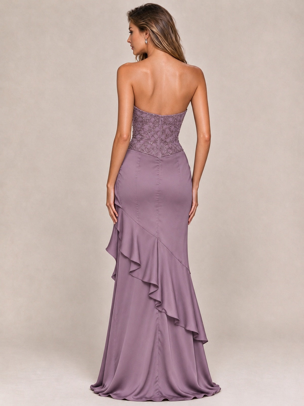 Strapless Lace Appliques Corset Satin Prom Dress Ruffle Slit Evening Gown