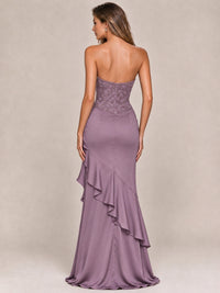 Strapless Lace Appliques Corset Satin Prom Dress Ruffle Slit Evening Gown
