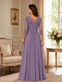 Chiffon Lace Applique Mother of the Bride Dress with 3/4 Sleeves