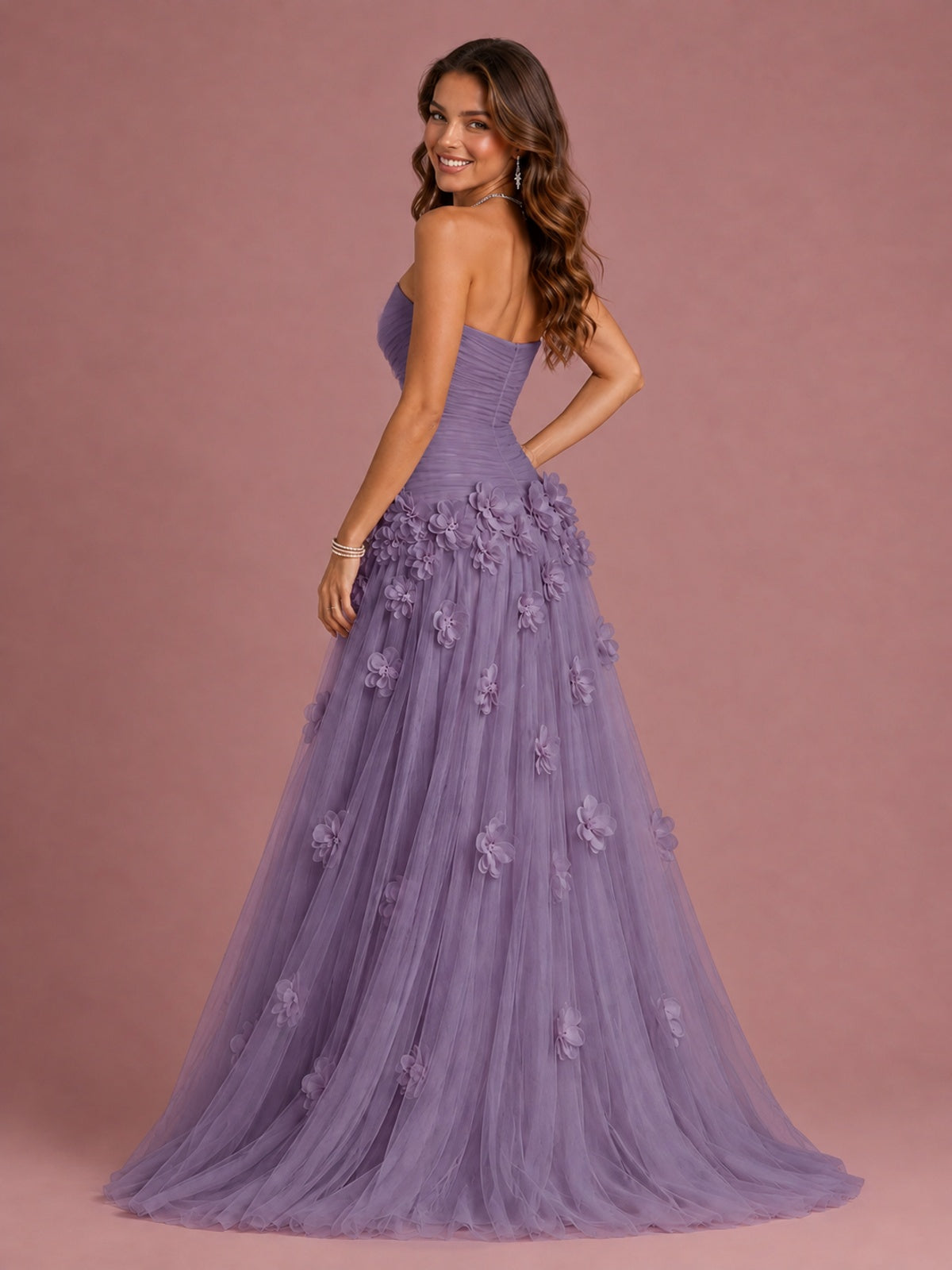 Blush Pink Strapless Sweetheart 3D Floral Tulle Ball Gown Prom Dres