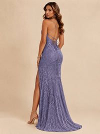 Sequin Lace Appliques Mermaid Prom Dress Spaghetti Strap Formal Gowns with Slit