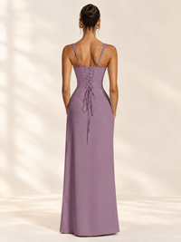 Square Neck Satin Sleeveless Ruched Prom Dress with High Slit