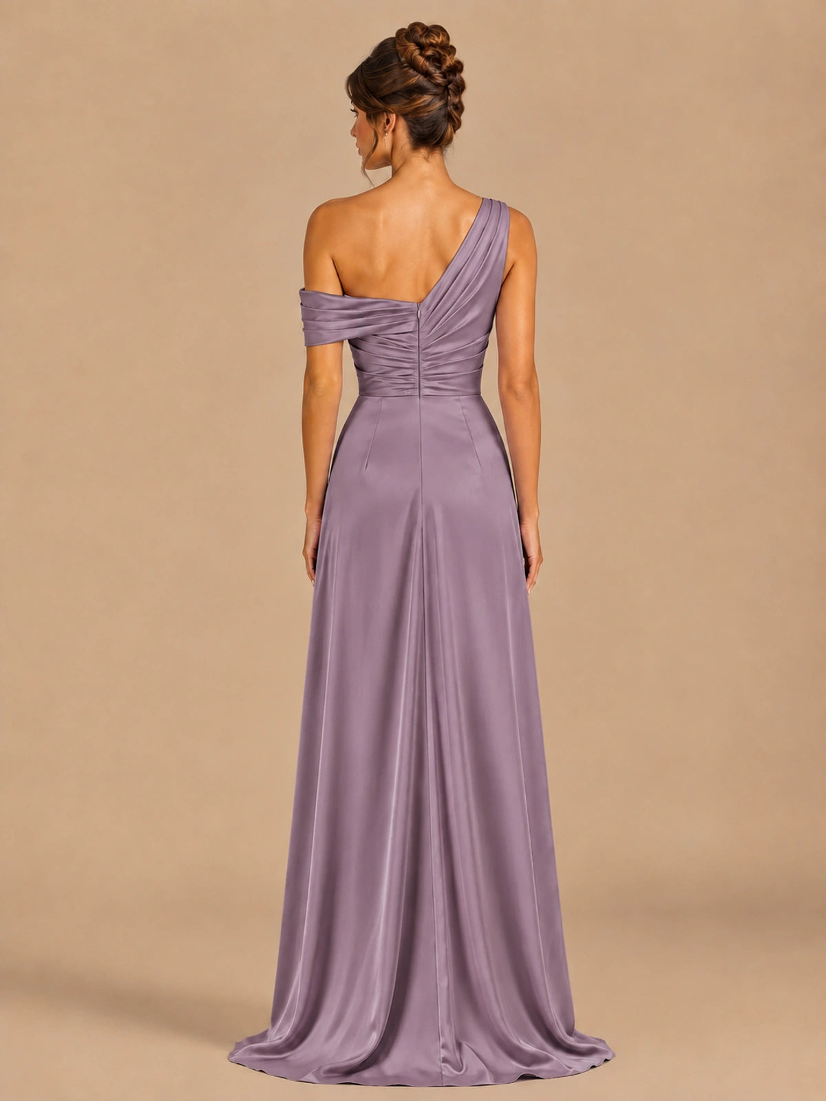 Satin One Shoulder Prom Dress Ruched Long Formal Evening Gown