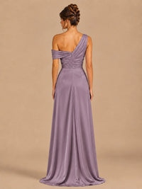 Satin One Shoulder Prom Dress Ruched Long Formal Evening Gown