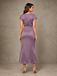 Cowl Neck Satin Mother of the Bride Dress with Ruched Waist