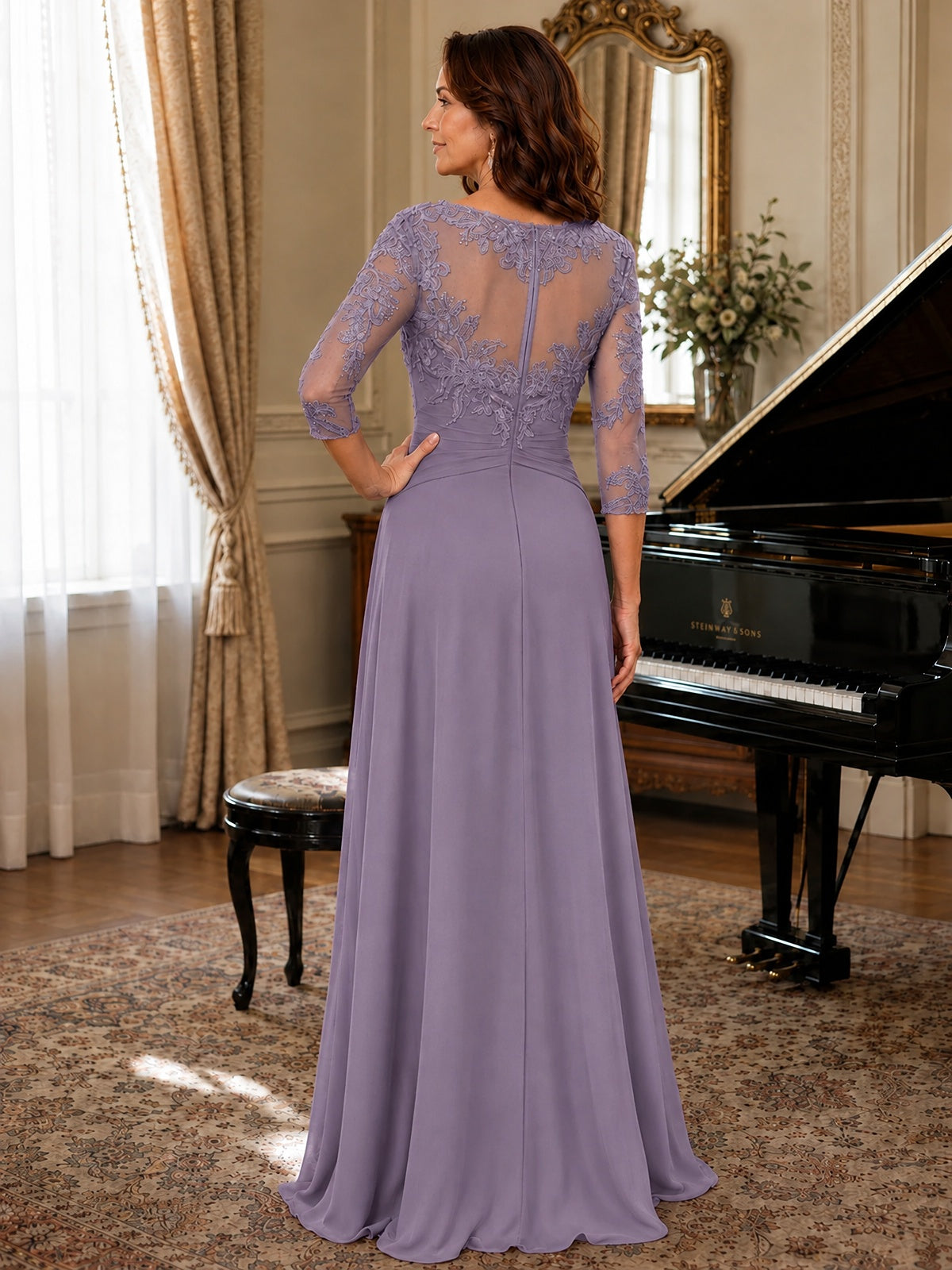 A-Line Chiffon Mother of the Bride Dress with Floral Applique 3/4 Sleeves