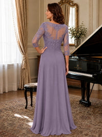 A-Line Chiffon Mother of the Bride Dress with Floral Applique 3/4 Sleeves