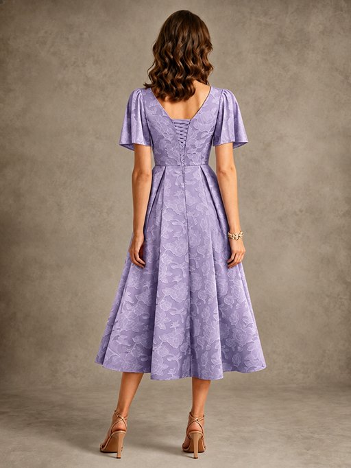 V-Neck Floral Jacquard Tea-Length Mother of the Bride Dress