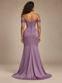 Burgundy Off-the-Shoulder Satin Corset Prom Dress with Slit