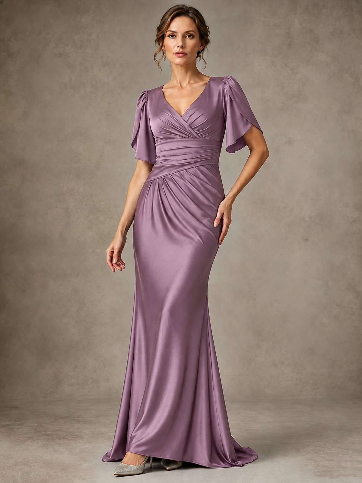 V-Neck Satin Mother of the Bride Dress with Flutter Sleeves