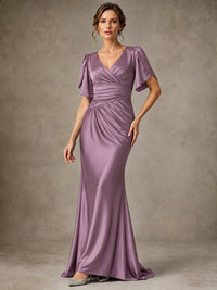 V-Neck Satin Mother of the Bride Dress with Flutter Sleeves
