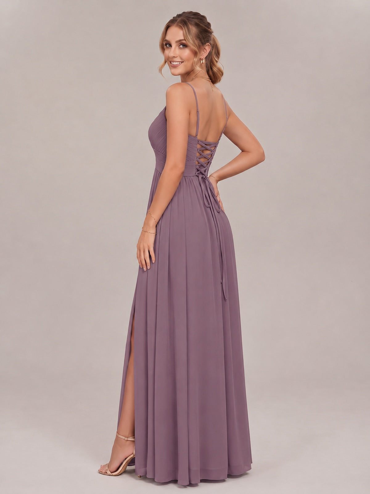 V-Neck Pleated Chiffon Long Bridesmaid Dress with Slit