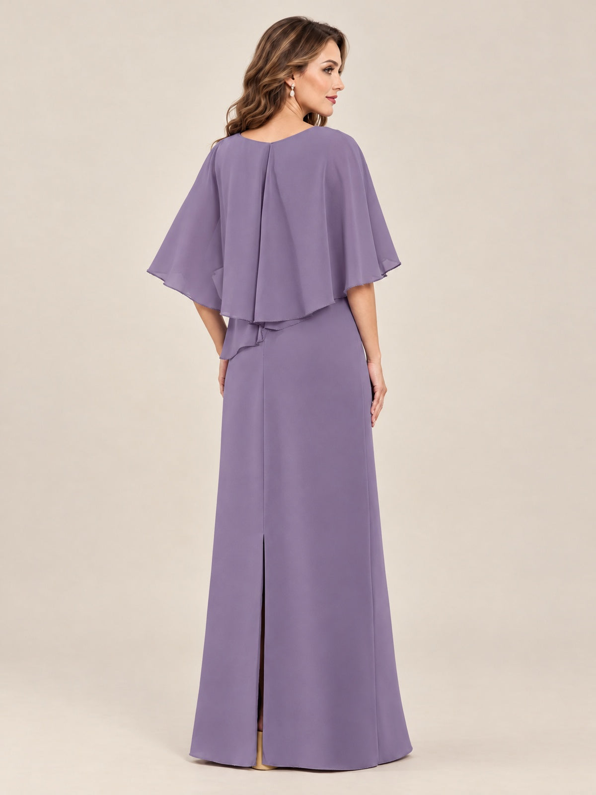 Cape Sleeve Mother of the Bride Dress with Asymmetrical Overlay