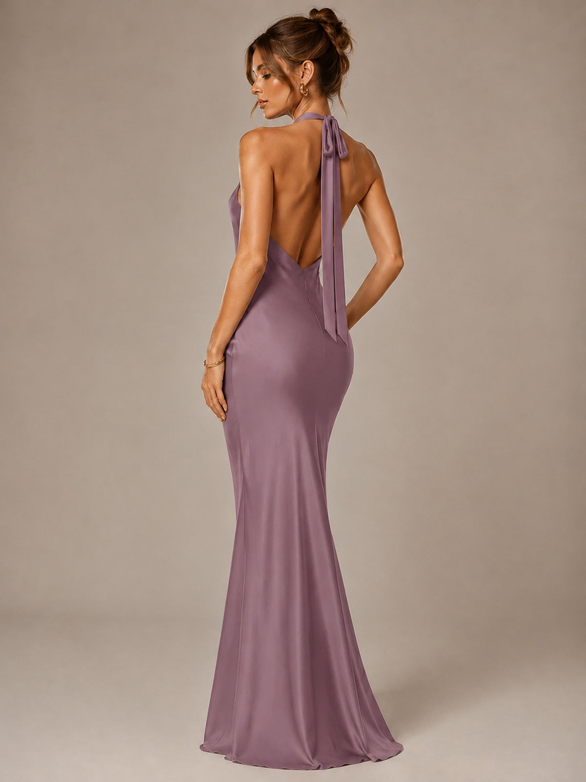Olive Green Halter Satin Mermaid Maxi Dress