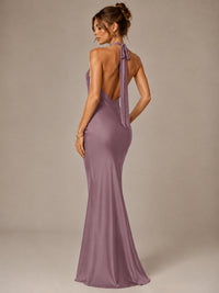 Olive Green Halter Satin Mermaid Maxi Dress
