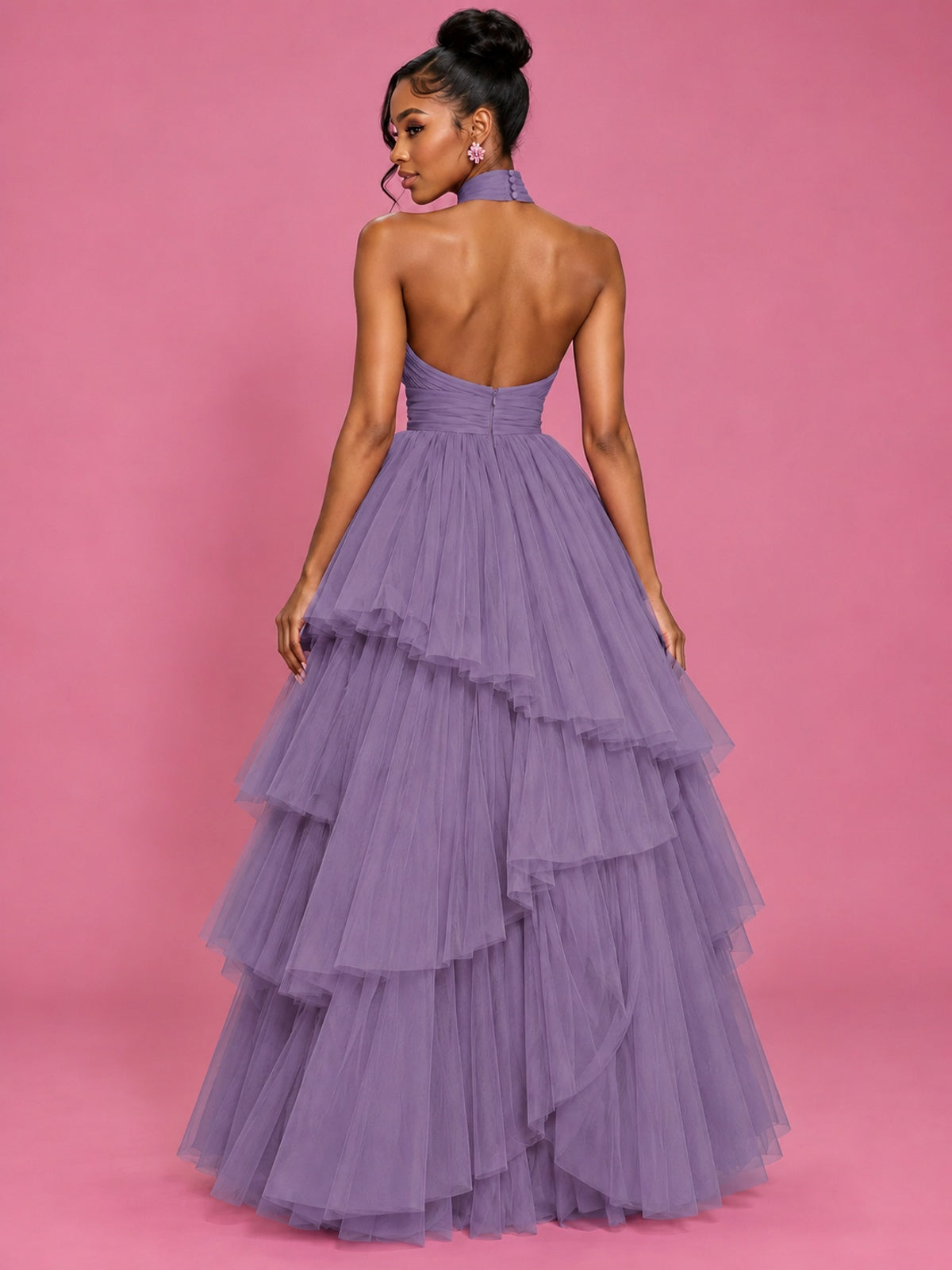 Hot Pink Tulle Halter Neck Tiered Ruffle Maxi Dress