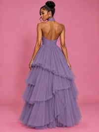 Hot Pink Tulle Halter Neck Tiered Ruffle Maxi Dress