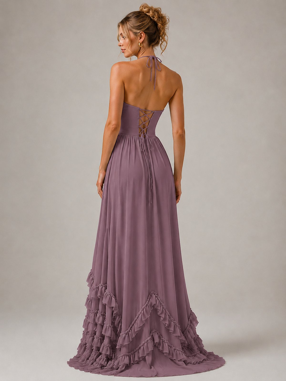 Halter V Neck Chiffon Formal Dress with Lace-Up Back and Ruffle Hem