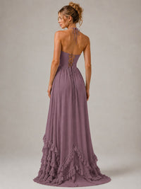 Halter V Neck Chiffon Formal Dress with Lace-Up Back and Ruffle Hem