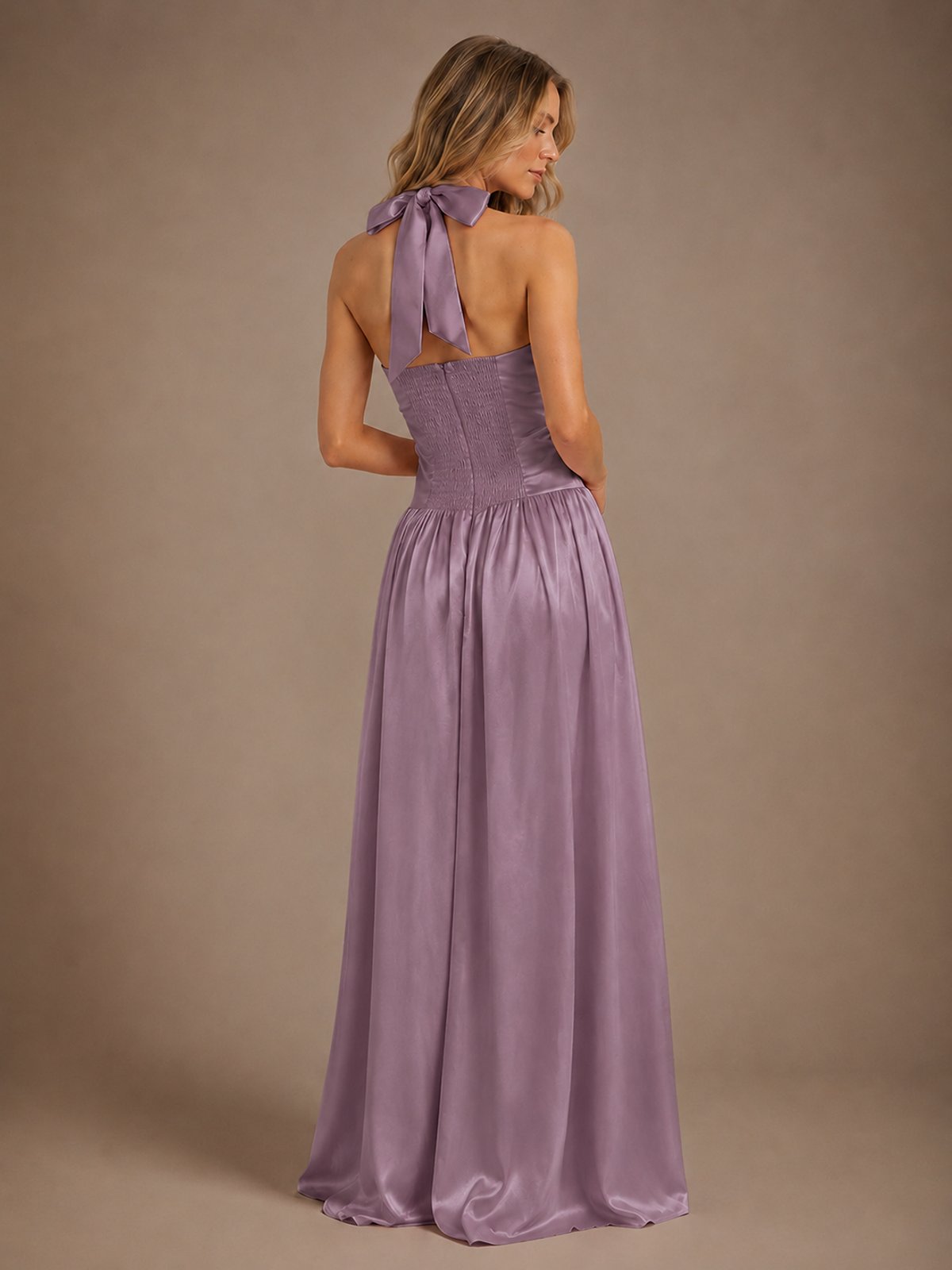 Pink V Neck Halter Satin Maxi Dress