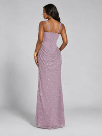 Sequin Corset Mermaid Prom Dress with Square Neck Wide Strap High Slit
