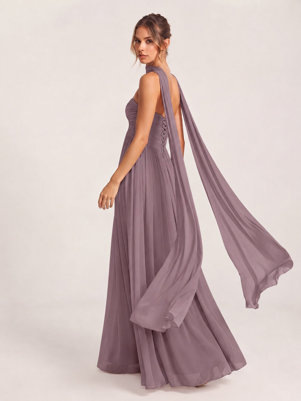 Strapless Ruched Chiffon Long Prom Dress with Scarf