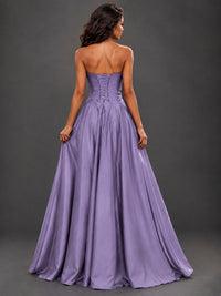 Draped Satin Prom Dress Strapless A-line Formal Dress Floor Length