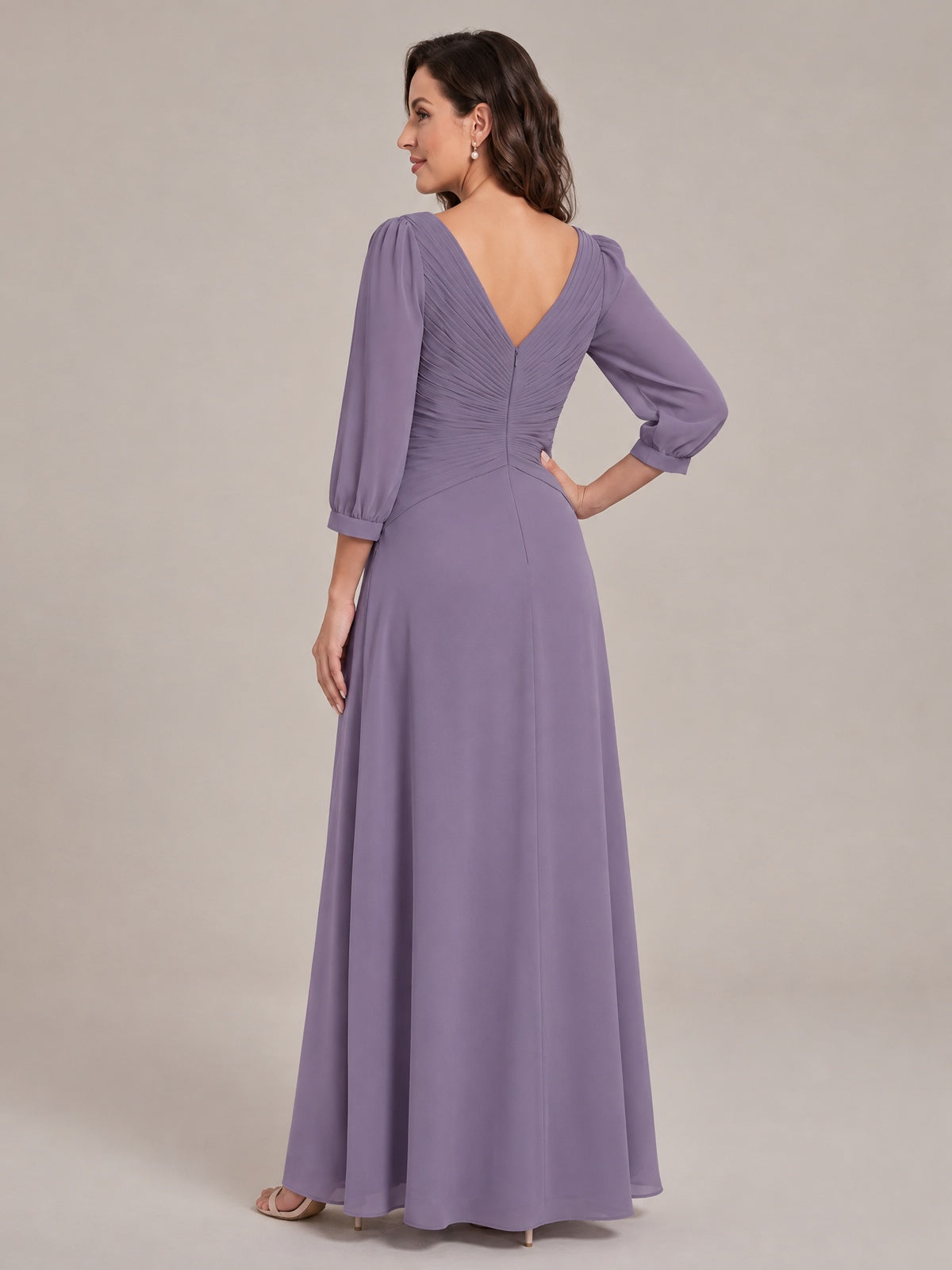 V-Neck Pleated Chiffon Mother of the Bride Dress with Flutter Sleeves