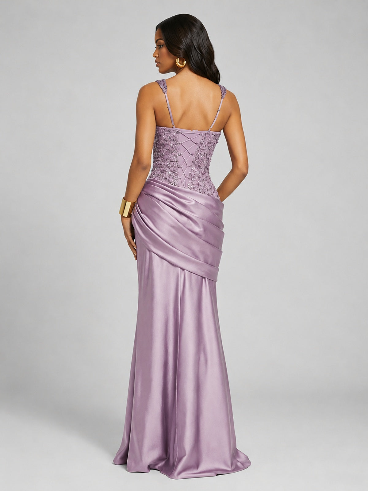 Scoop Neck Sequin Prom Dress with High Slit Satin Formal Gowns