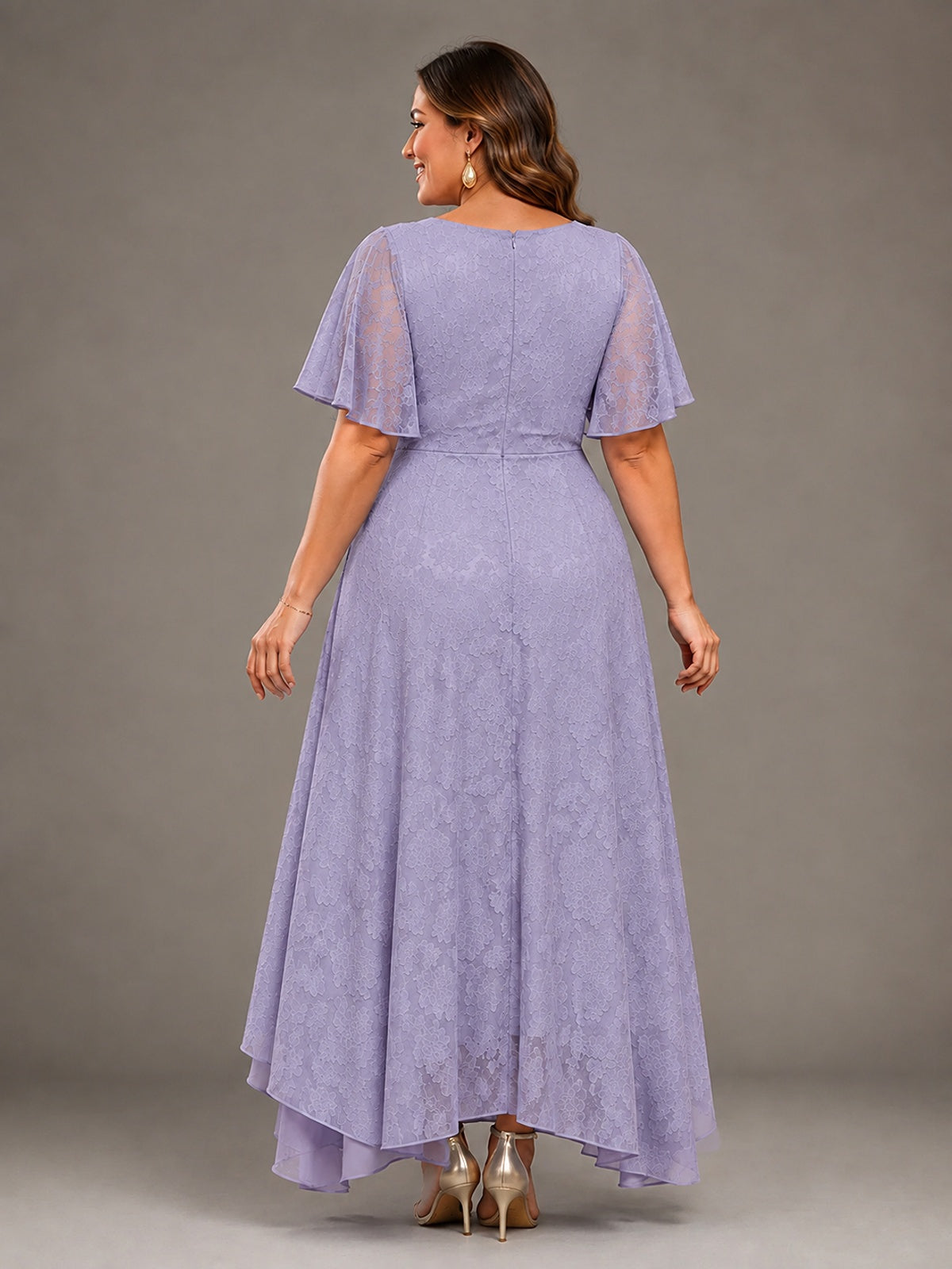 Jacquard Chiffon A-Line V-Neck High-Low Mother of the Bride Dress