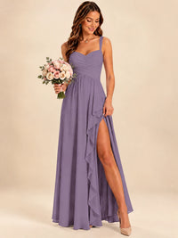 Spaghetti Straps Pleated Chiffon Bridesmaid Dress with Ruffle Slit