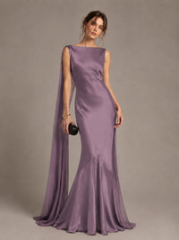 Burgundy Satin Mermaid Cape Maxi Dress