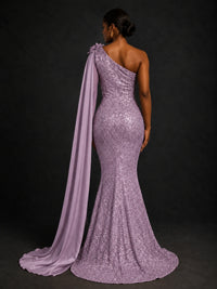Gold Sequin One Shoulder Mermaid Prom Dress with Cape