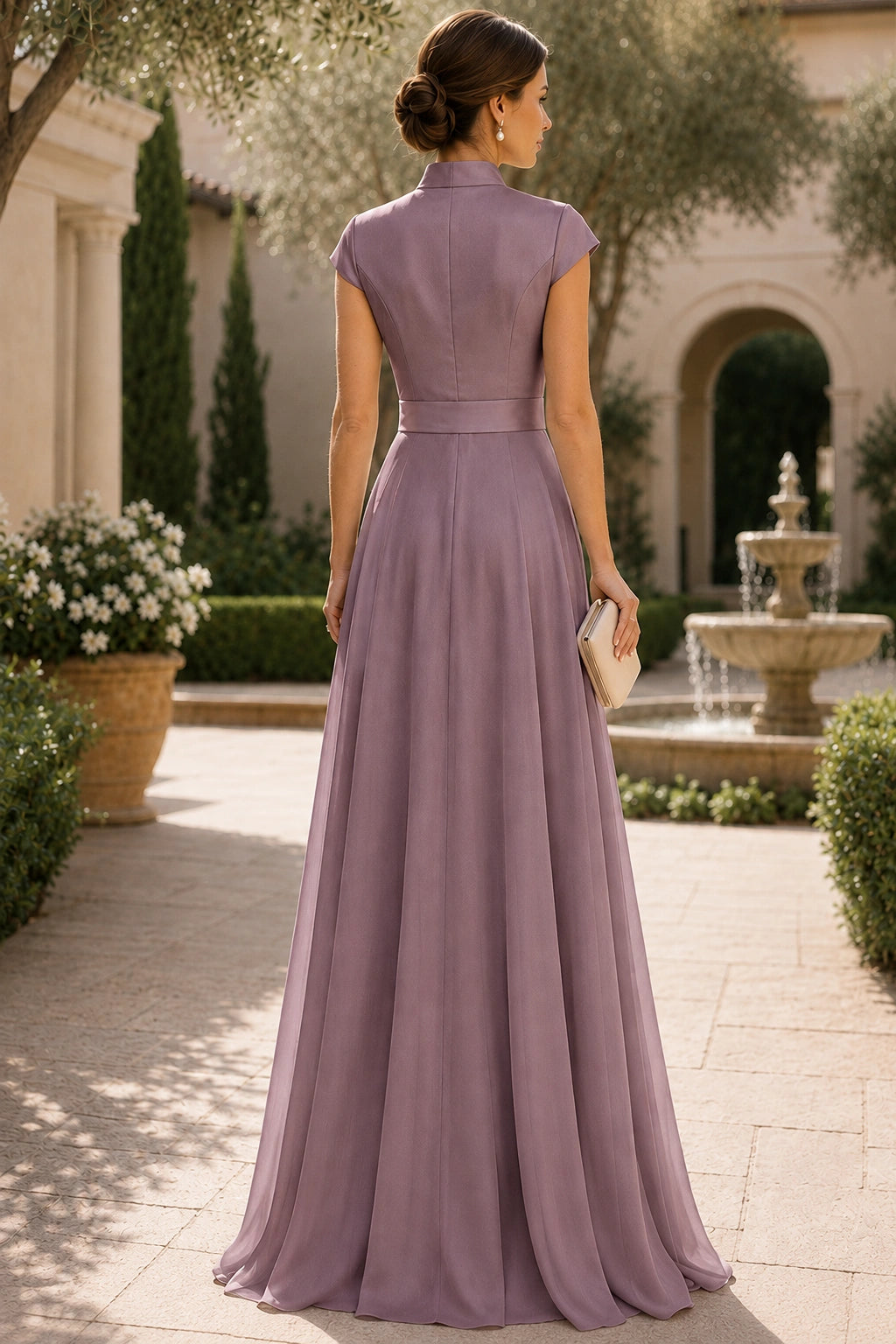 V Neck Cap Sleeve A-Line Floor-Length Satin Bridesmaid Dress
