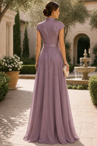 V Neck Cap Sleeve A-Line Floor-Length Satin Bridesmaid Dress