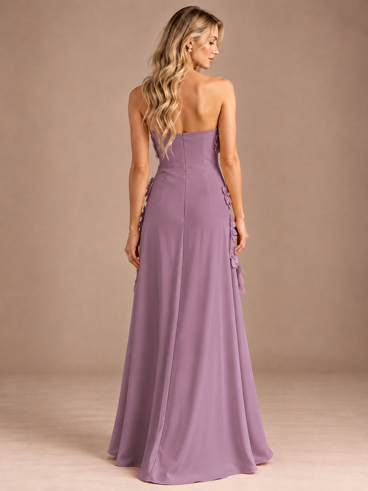 Yellow Strapless A-line Satin Maxi Dress with 3D Floral