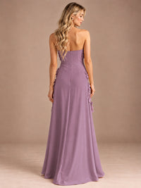 Yellow Strapless A-line Satin Maxi Dress with 3D Floral