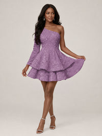 Puffy One Shoulder Sequin Tiered Mini Dress