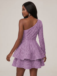 Puffy One Shoulder Sequin Tiered Mini Dress