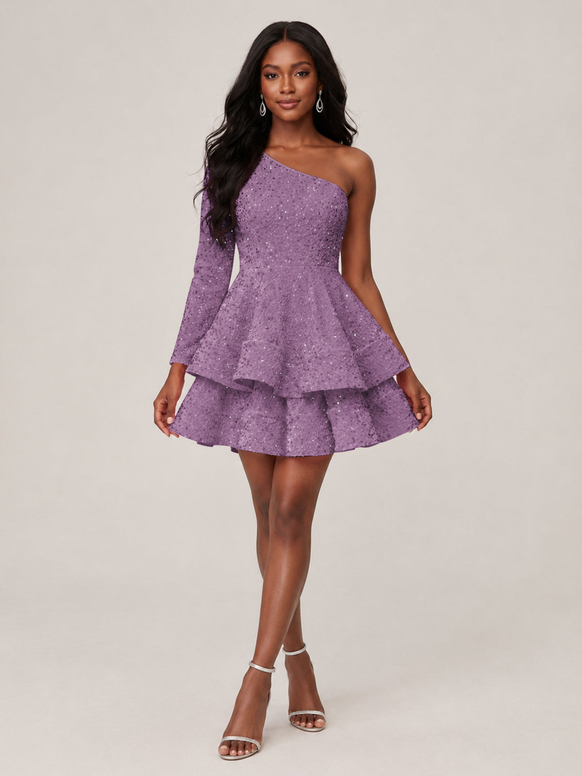 Puffy One Shoulder Sequin Tiered Mini Dress