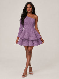 Puffy One Shoulder Sequin Tiered Mini Dress